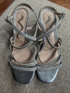 Nina Silver Rhinestone Strappy Slingback Heels